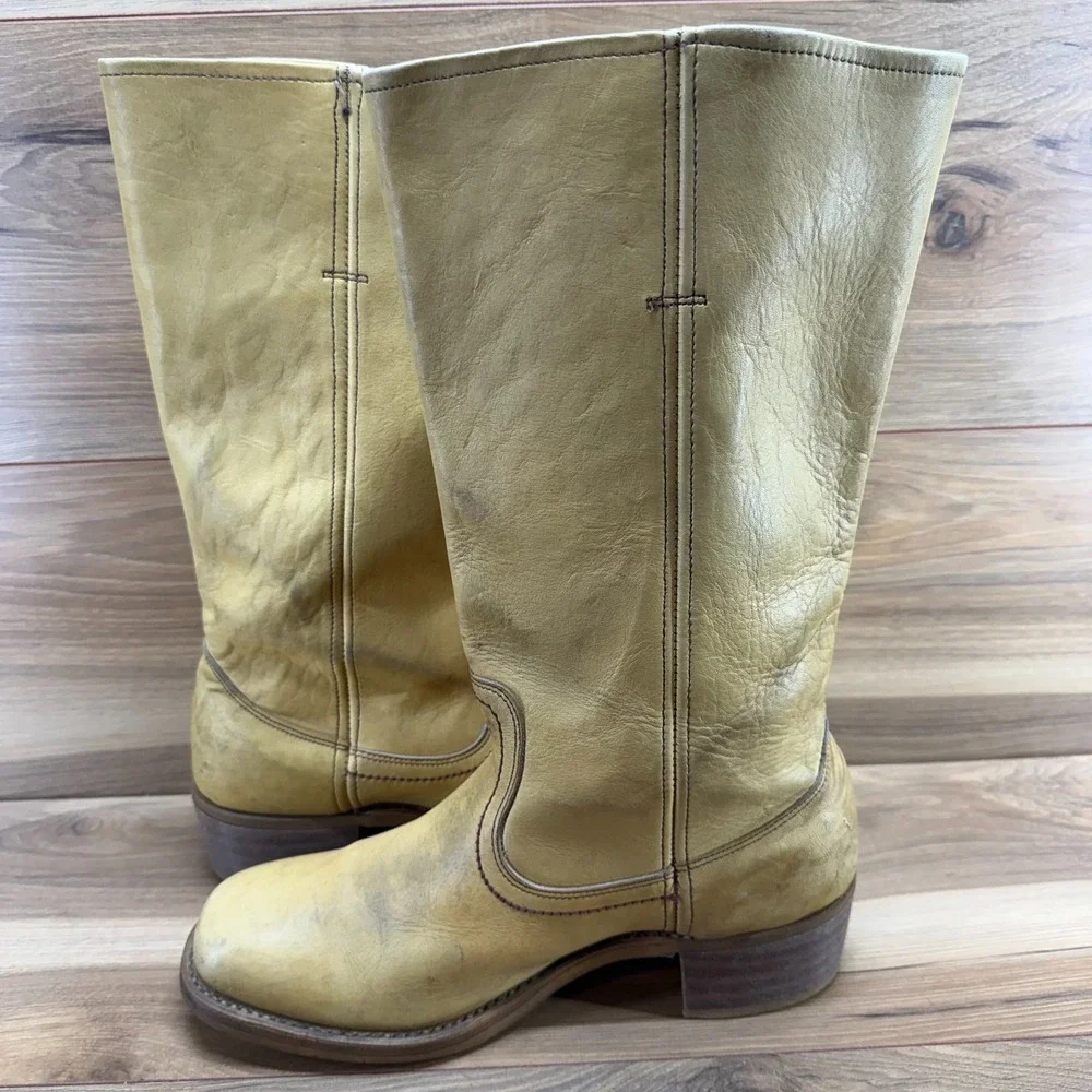 Vintage Campus Boots Banana Yellow Tan Leather Mens 10 D Stacked Heel Pull On